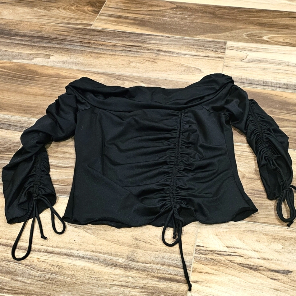 Le Chateau Elegant Black Ruched Blouse